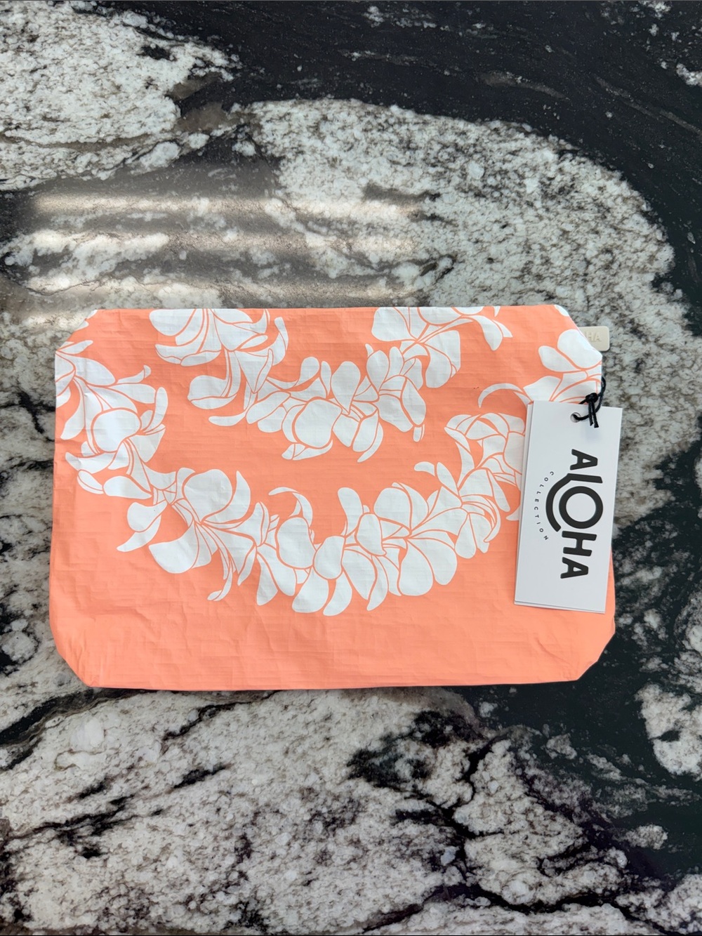 ALOHA Collection Small Peach Cosmetic Bag with White Floral Lei Print